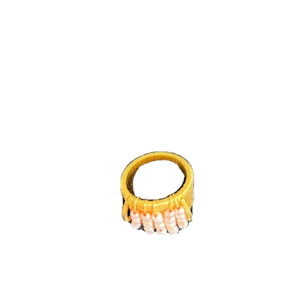 Artisan Gold Tone Wire Wrapped Wide Band Ring with Pink Freshwater Seed Pearls - Picture 3 of 10